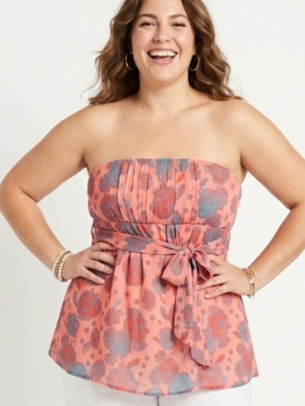 Spense Coral Strapless Floral Blouse with Blue Accent